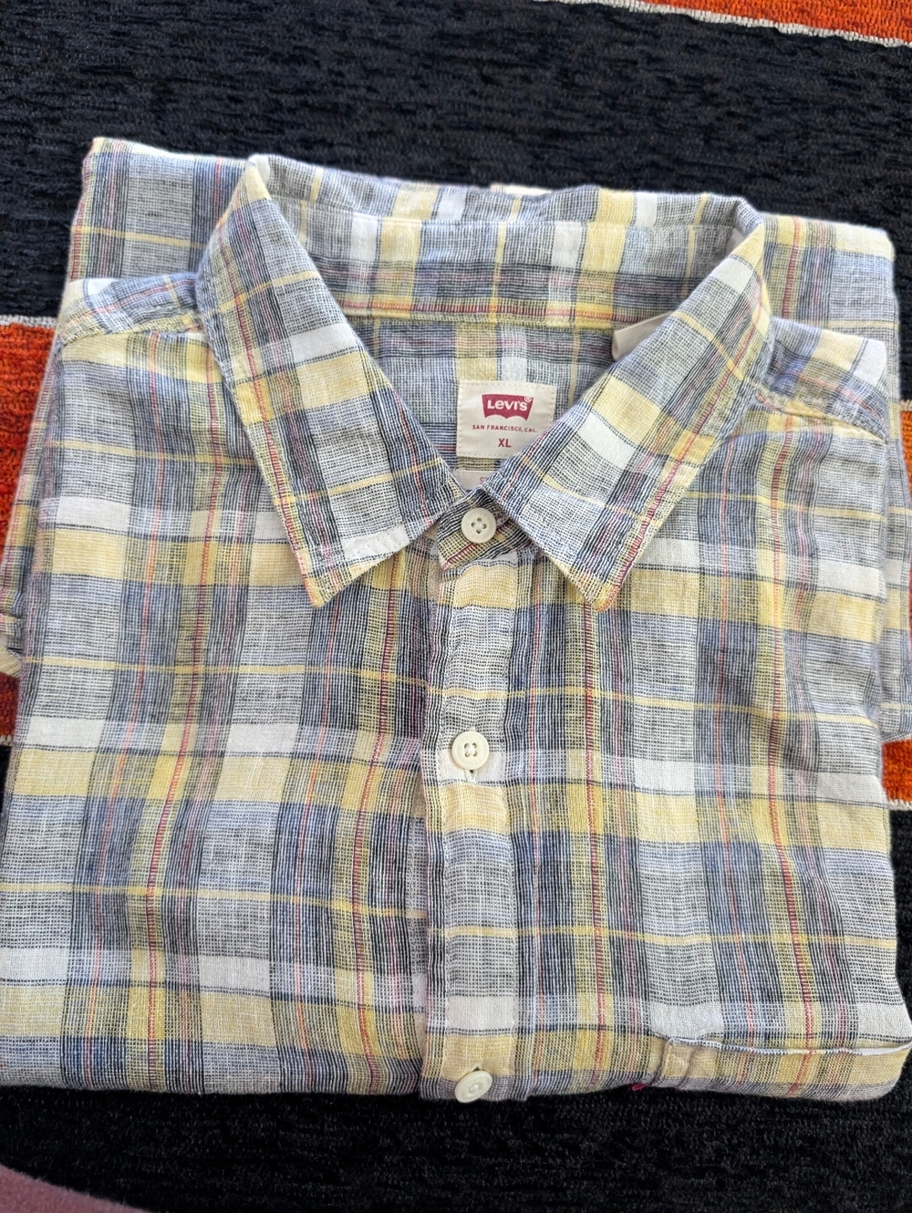 Levi's Men's Linen Yellow, Gray and White Plaid Button-Down Shirt
